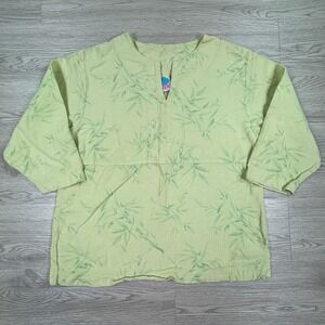 WEK Woman Women's Tunic Top Green Bamboo Leaf Print Small‎ Split Neck 3/4 Sleeve
